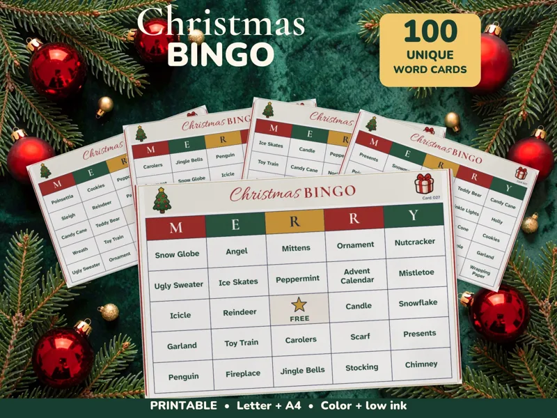 Christmas Bingo Printable, 100 Unique Cards for Large Holiday Parties: listing photo showing real pages from the download
