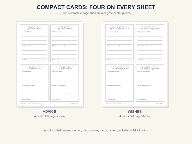 Bridal Shower Advice Cards Printable, Wishes and Memories for Couples: listing photo showing real pages from the download