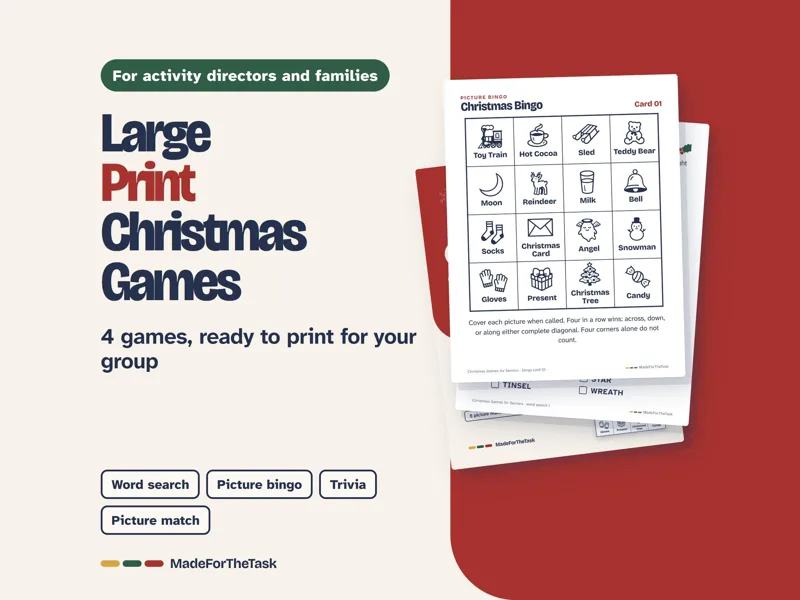 Christmas Games for Seniors, Large Print Bingo & Puzzles (Printable): listing photo showing real pages from the download