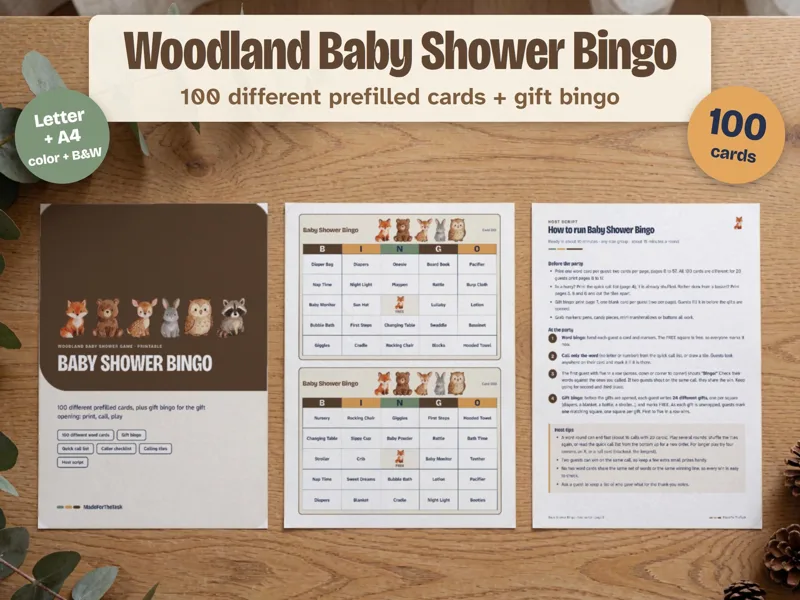 Woodland Baby Shower Bingo, 100 Prefilled Cards and Gift Bingo (Printable): listing photo showing real pages from the download