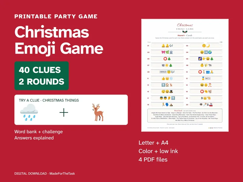Christmas Emoji Game, 40 Clues with Answers (Printable): listing photo showing real pages from the download