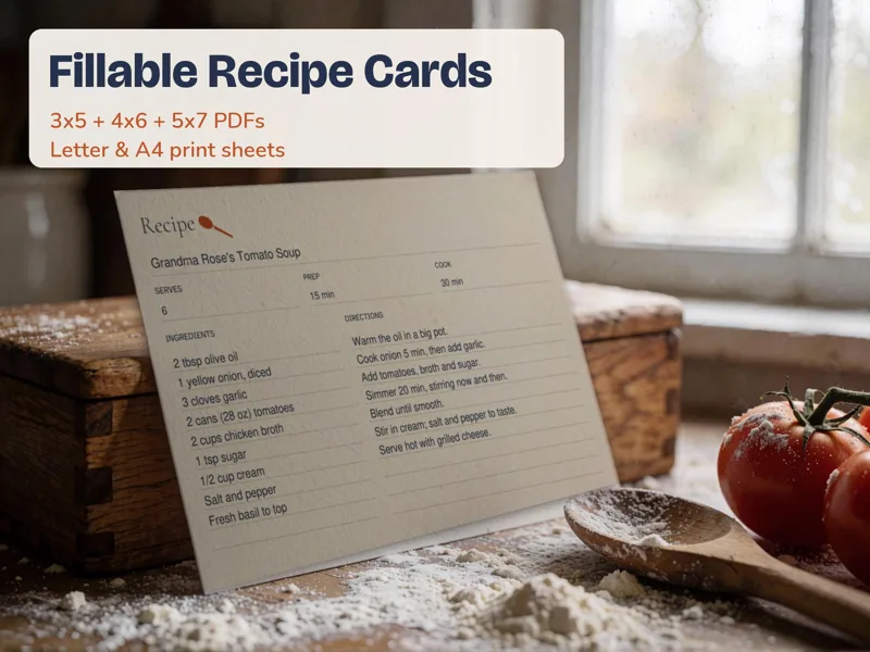 Recipe Card Template, Fillable 3x5, 4x6 and 5x7 PDFs + Print Sheets: listing photo showing real pages from the download