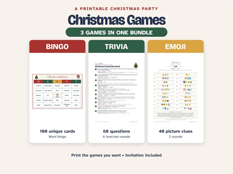 Christmas Games Printable Bundle, Bingo, Trivia, Emoji & Invitation: listing photo showing real pages from the download