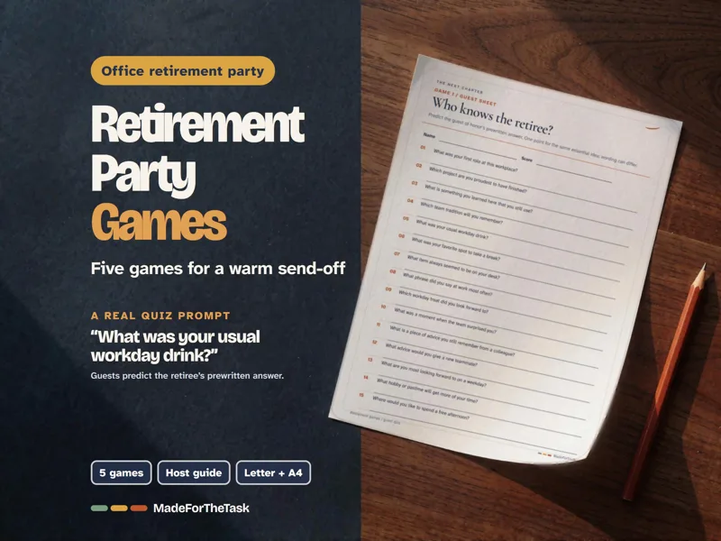 Retirement Party Games, 5 Coworker Activities & Host Guide (Printable): listing photo showing real pages from the download