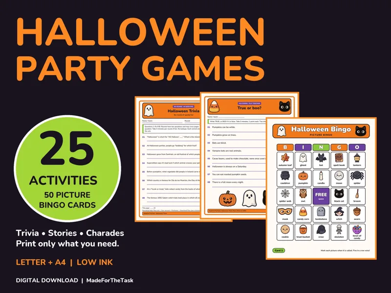 Halloween Party Games Bundle Printable, 25 Activities and Picture Bingo: listing photo showing real pages from the download