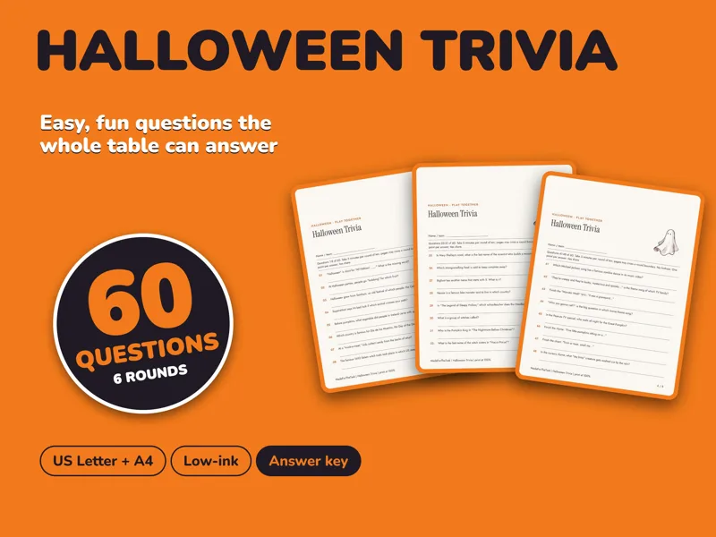 Halloween Trivia Printable, 60 Questions with Answer Key: listing photo showing real pages from the download