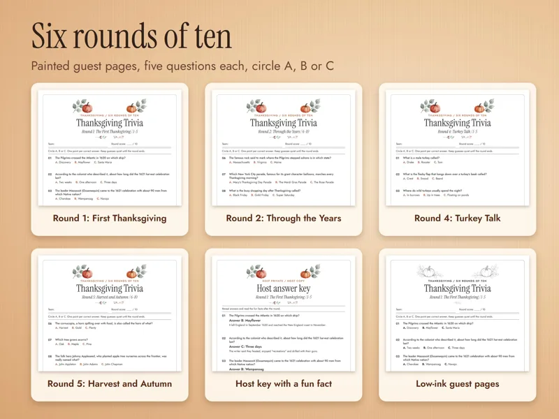 Thanksgiving Trivia Printable, 60 Questions with Answer Key: listing photo showing real pages from the download