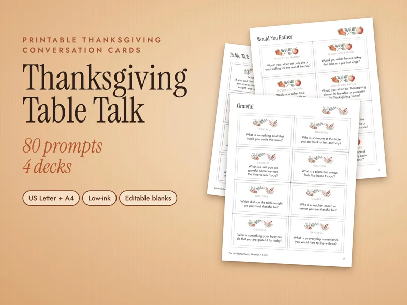 Thanksgiving Conversation Cards Printable, 80 Table Talk Prompts: listing photo showing real pages from the download