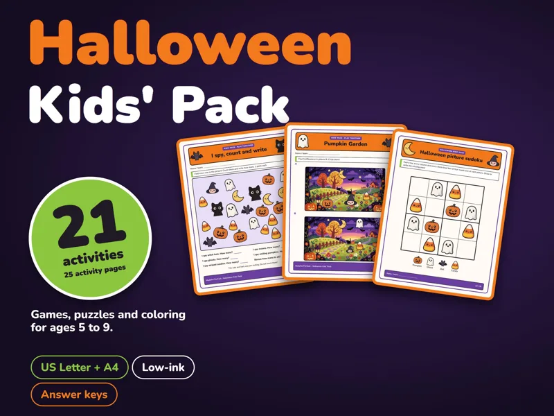 Halloween Activity Pack for Kids Printable, 21 Activities for Ages 5-7: listing photo showing real pages from the download