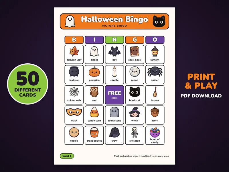 Halloween Picture Bingo Printable, 50 Kids Cards and Memory Game: listing photo showing real pages