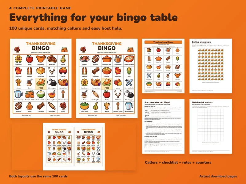Thanksgiving Bingo Printable, 100 Picture Cards with Callers and Markers: listing photo showing real pages from the download