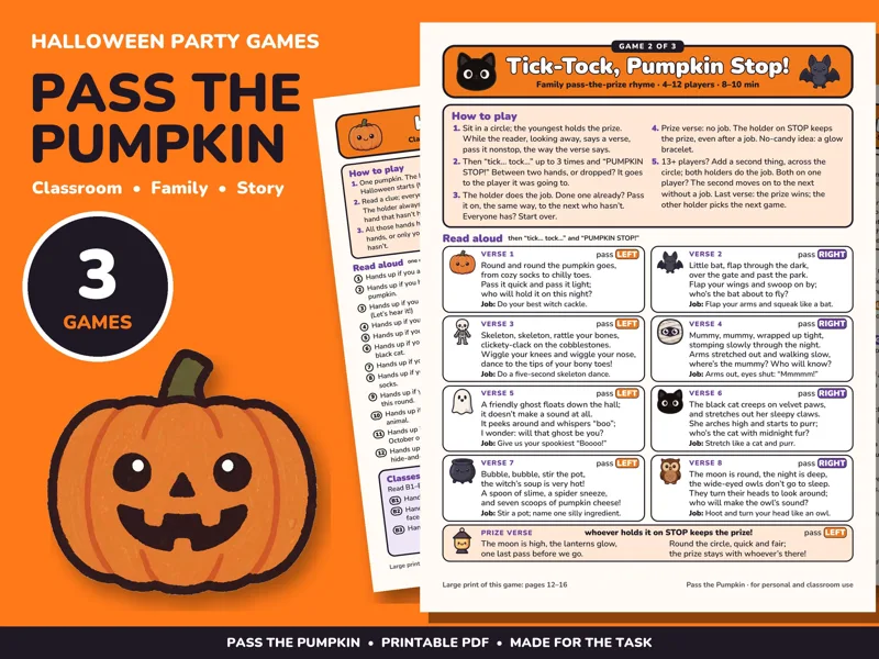 Halloween Left Right Game Printable, 3 Pass the Pumpkin Party Games: listing photo showing real pages from the download