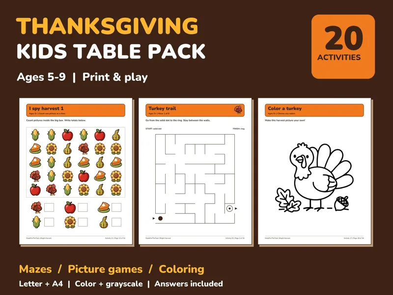 Thanksgiving Activity Pack for Kids Printable, 20 Games and Coloring Pages: listing photo showing real pages from the download