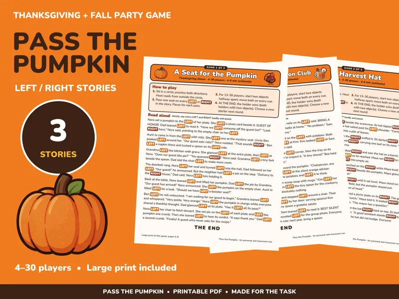 Thanksgiving Left Right Game Printable, 3 Pass the Pumpkin Stories: listing photo showing real pages from the download
