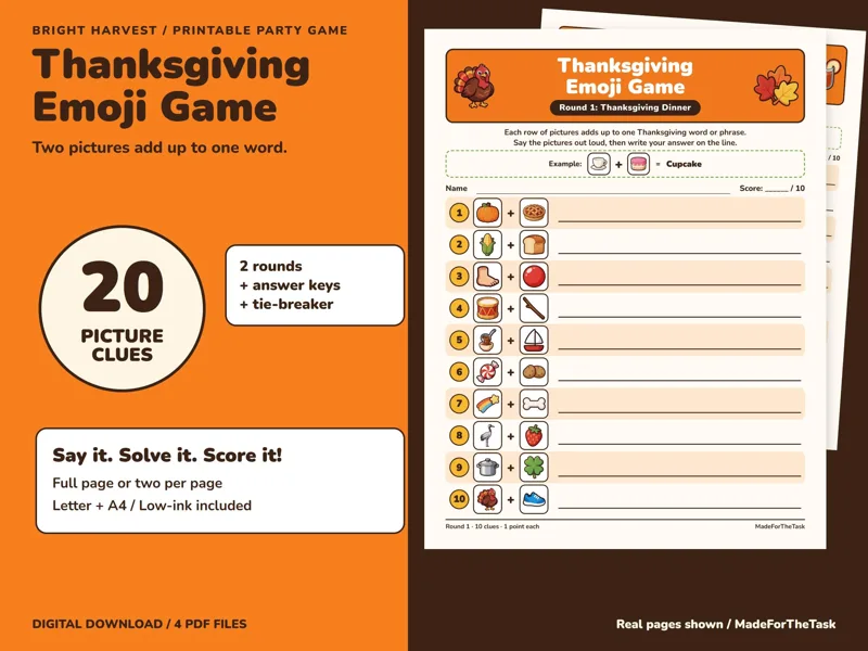 Thanksgiving Emoji Game Printable, 20 Picture Clues with Answer Keys: listing photo showing real pages from the download