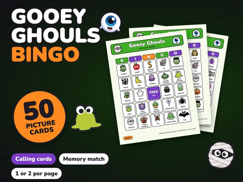 Halloween Picture Bingo Printable, 50 Gooey Ghouls Boards for Kids: listing photo showing real pages from the download