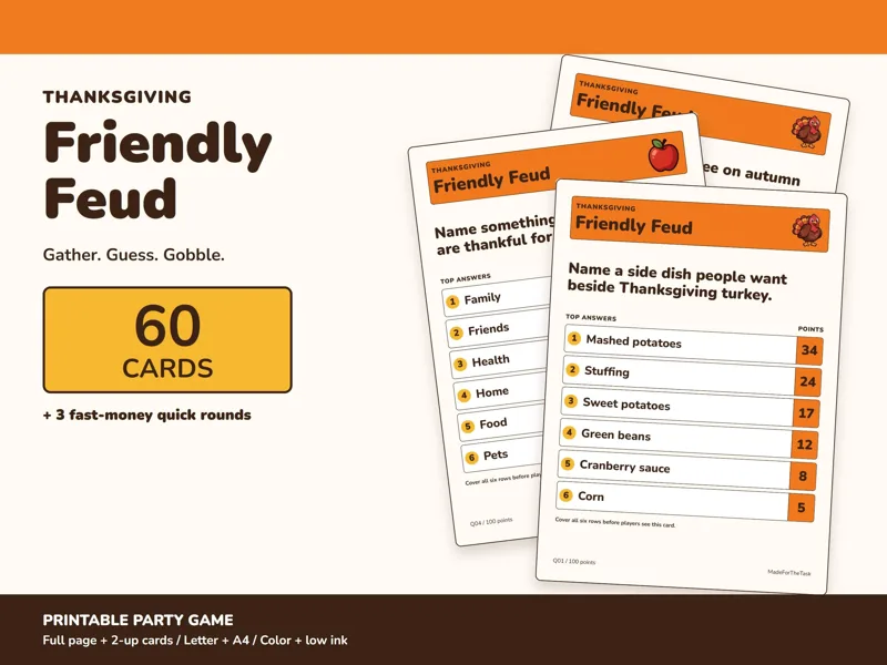 Thanksgiving Friendly Feud Game Printable, 60 Friendsgiving Party Cards: listing photo showing real pages from the download