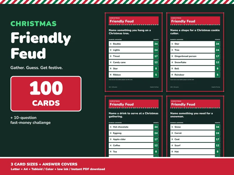 Christmas Friendly Feud Game Printable, 100 Cards for Family Teams: listing photo showing real pages from the download