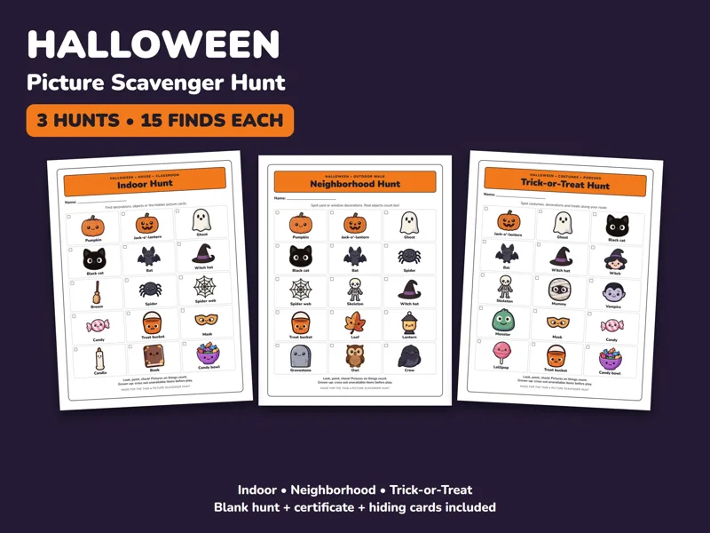 Halloween Scavenger Hunt Printable, 3 Picture Hunts for Kids: listing photo showing real pages from the download