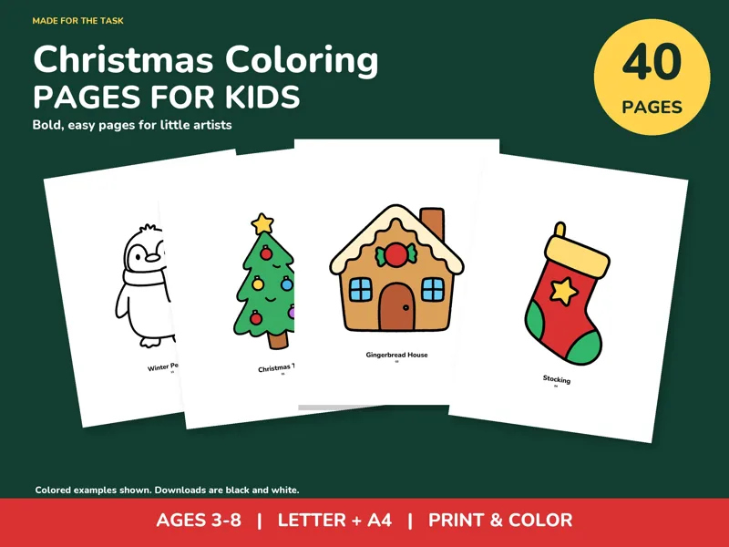 Christmas Coloring Pages for Kids Printable, 40 Bold Easy Pages: listing photo showing real pages from the download