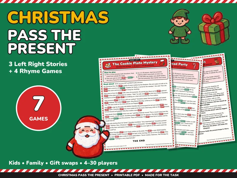 Christmas Pass the Present Game Printable, Left Right Stories and Rhymes: listing photo showing real pages
