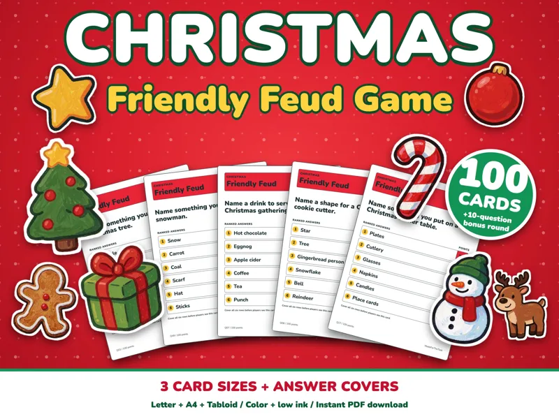 Christmas Game Printable, List Guessing Game, 100 Cards for Family Teams: listing photo showing real pages