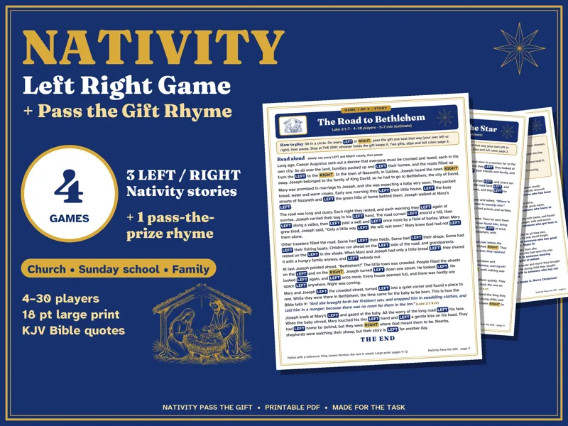 Nativity Left Right Game Printable, Christmas Gift Exchange for Church: listing photo showing real pages from the download