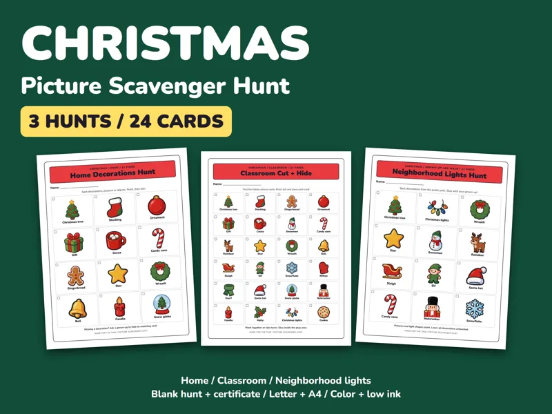 Christmas Scavenger Hunt Printable, 3 Picture Hunts for Kids with 24 Cards: listing photo showing real pages from the download