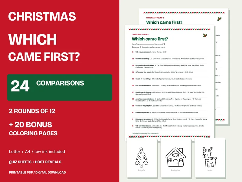 Christmas Which Came First Game Printable, 24 Questions and Coloring Pages: listing photo showing real pages from the download