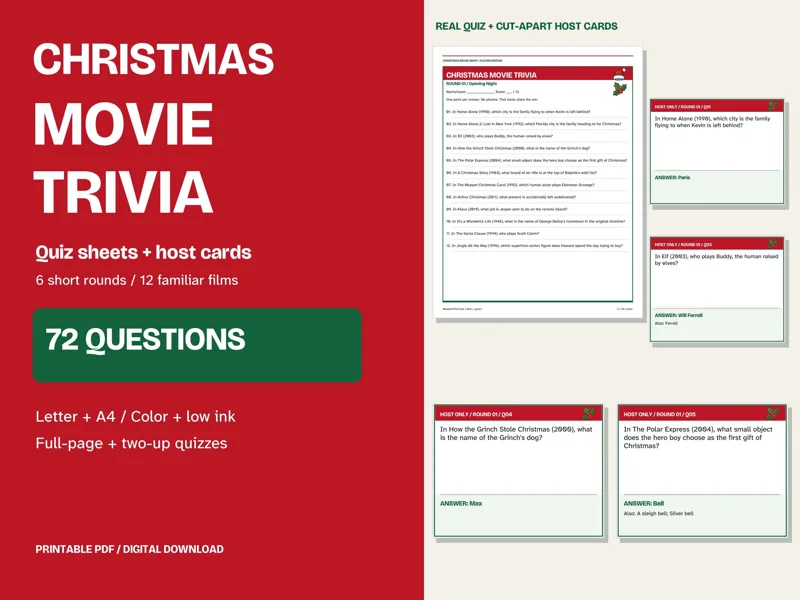 Christmas Movie Trivia Printable, 72 Questions, Family Team Quiz and Cards: listing photo showing real pages from the download