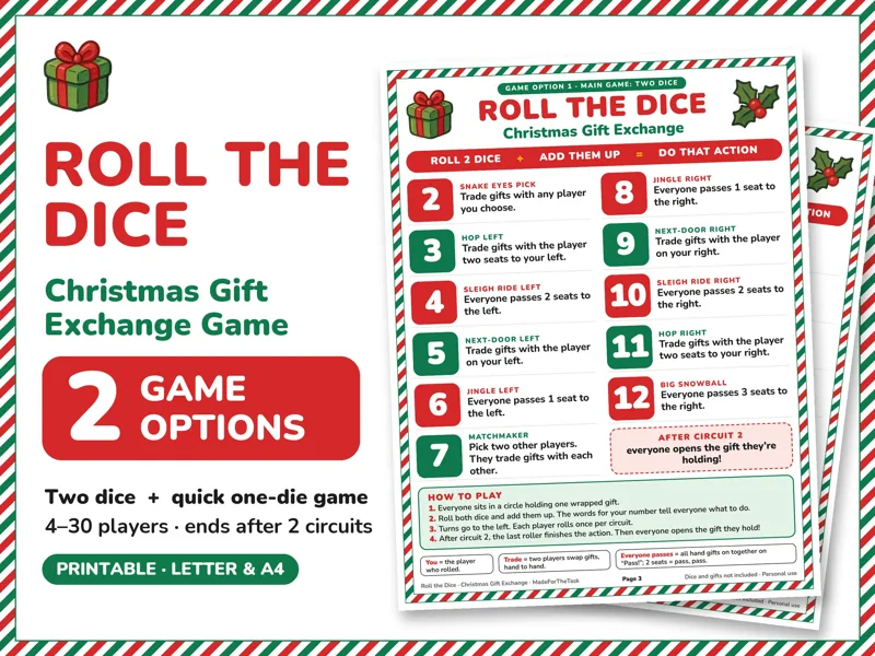 Christmas Gift Exchange Dice Game Printable, 2 Gift Swap Options: listing photo showing real pages from the download