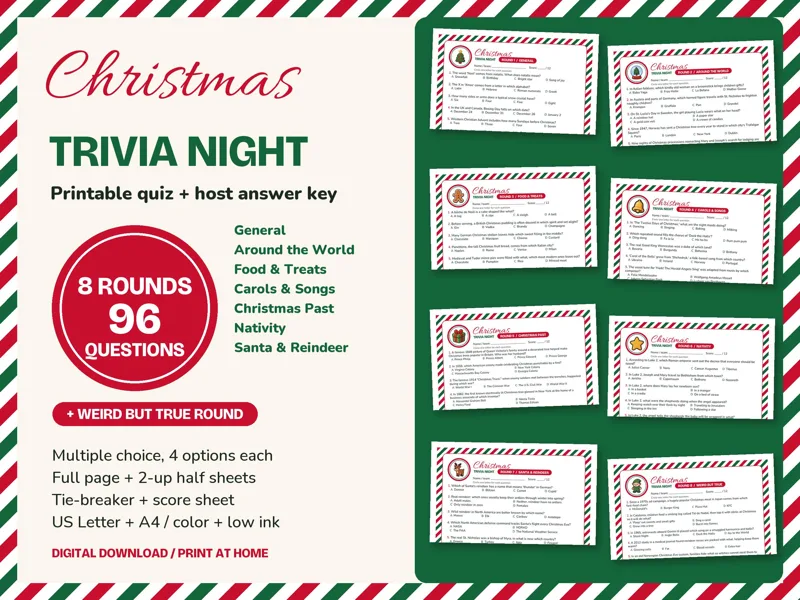 Christmas Trivia Printable, 96 Questions in 8 Rounds with Answer Key: listing photo showing real pages from the download