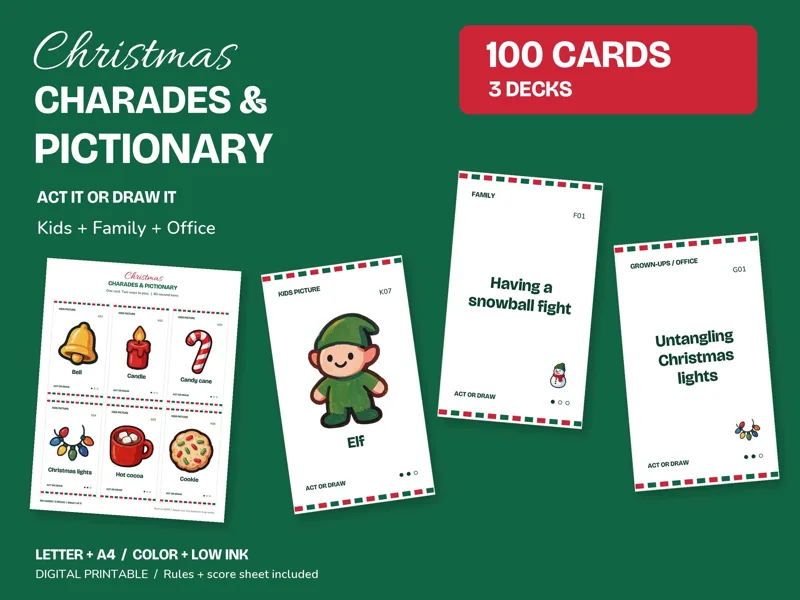 Christmas Charades Printable, Act It or Draw It, 100 Cards in 3 Decks: listing photo showing real pages from the download