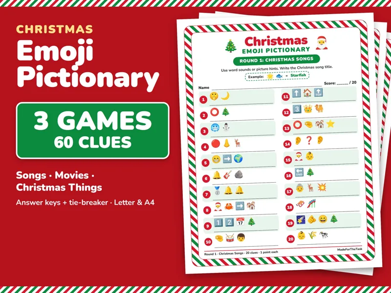Christmas Emoji Game Printable, 3 Rounds, 60 Clues + Tie-Breaker: listing photo showing real pages from the download