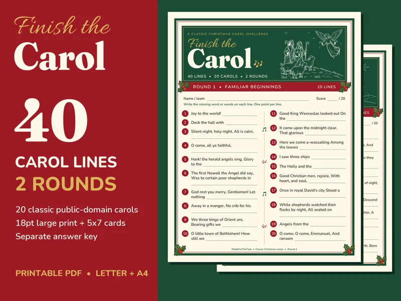 Christmas Finish the Lyrics Game, 40 Clues & Large Print PDF: listing photo showing real pages from the download