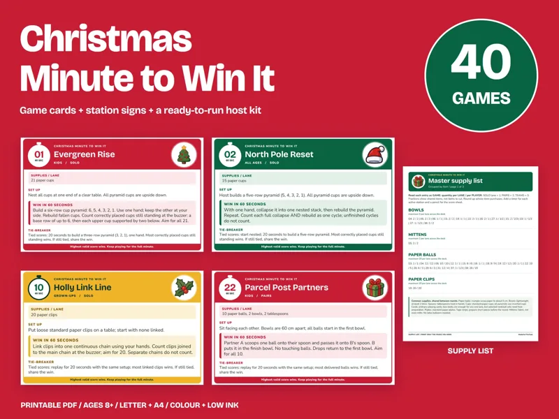 Christmas 60-Second Party Games Printable, 40 Cards & Signs: listing photo showing real pages from the download