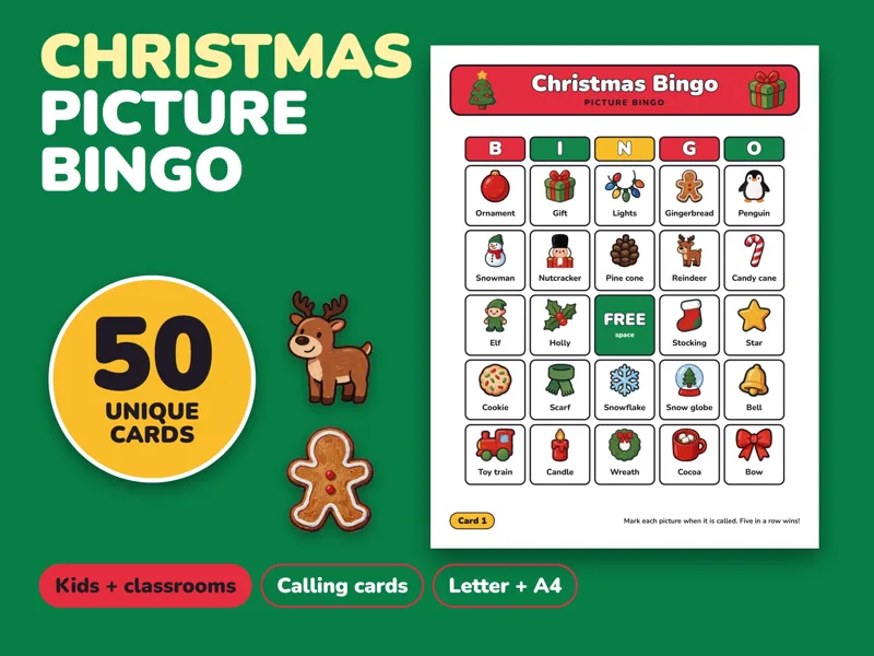 Christmas Bingo Printable for Kids, 50 Bingo Cards and Memory Game: listing photo showing real pages from the download