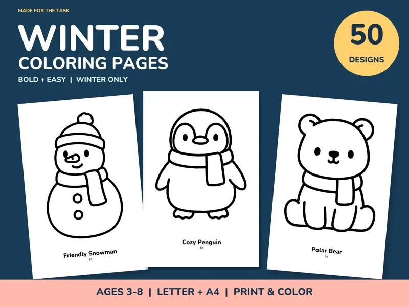 Winter Coloring Pages for Kids Printable, 50 Bold Easy Pages, Letter and A4: listing photo showing real pages from the download