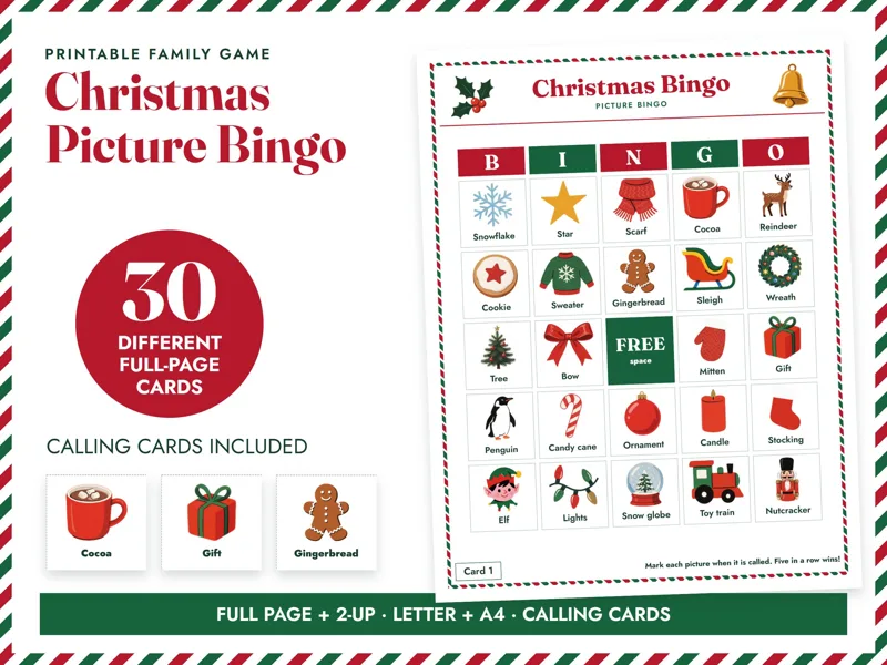 Christmas Picture Bingo Printable, 30 Classic Family Cards: listing photo showing real pages from the download