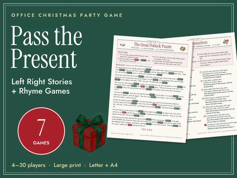 Office Christmas Left Right Game Printable, Pass the Present Gift Exchange: listing photo showing real pages from the download