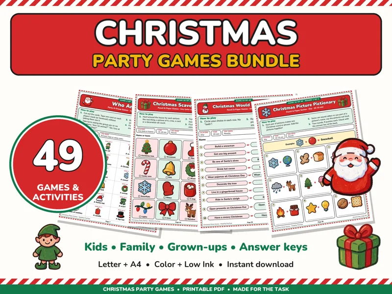Christmas Party Games Printable Bundle, 49 Games for Kids and Adults: listing photo showing real pages from the download