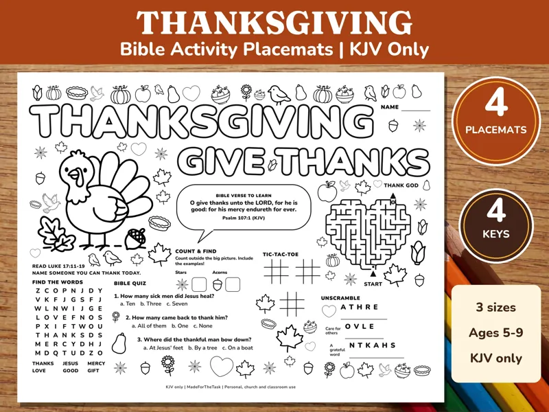 Thanksgiving Bible Activity Placemats Printable, 4 KJV Sunday School Mats: listing photo showing real pages from the download