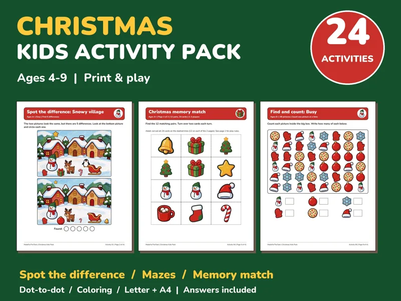 Christmas Activity Pack for Kids Printable, 24 Games and Coloring Pages: listing photo showing real pages from the download