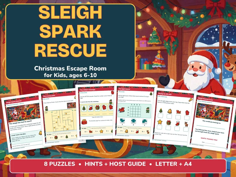 Christmas Escape Room Kids Printable, Sleigh Spark Rescue for Ages 6-10: listing photo showing real pages from the download