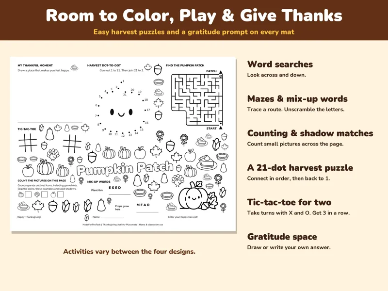 Thanksgiving Placemat Printable for Kids, 4 Activity Mats with Keys: listing photo showing real pages from the download
