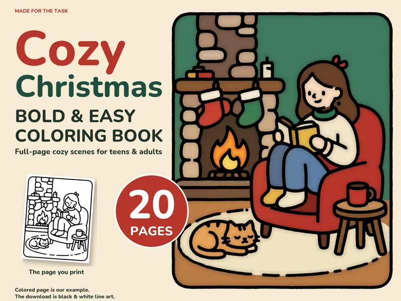 Christmas Coloring Pages for Adults, Bold and Easy, 20 Cozy Scenes: listing photo showing real pages from the download
