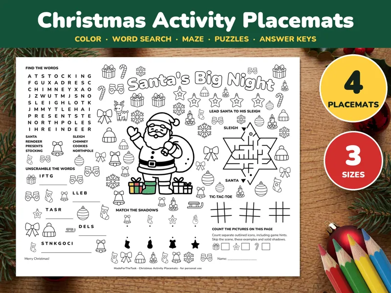 Christmas Placemat Printable for Kids, 4 Activity Mats in 3 Sizes: listing photo showing real pages from the download