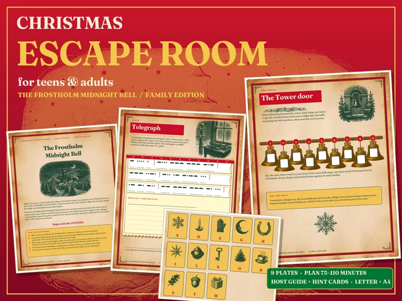 Christmas Puzzle Book for Adults Printable, 9 Connected Adventure Puzzles: listing photo showing real pages from the download