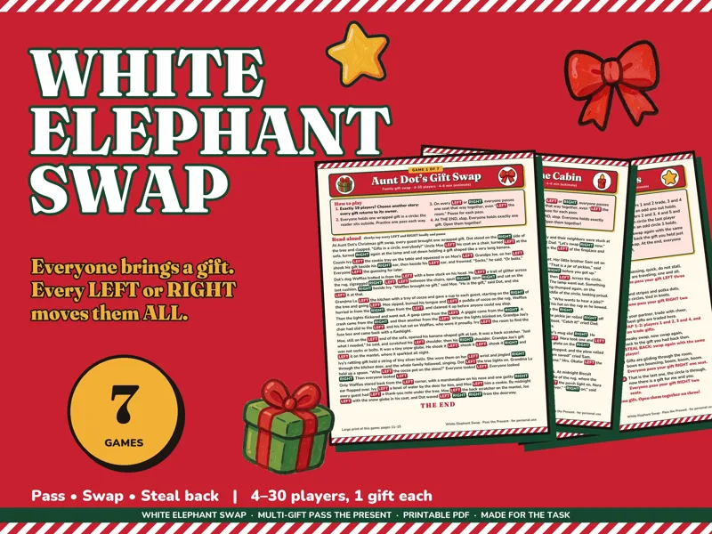 White Elephant Game Printable, No Stealing Christmas Left Right Gift Swap: listing photo showing real pages from the download