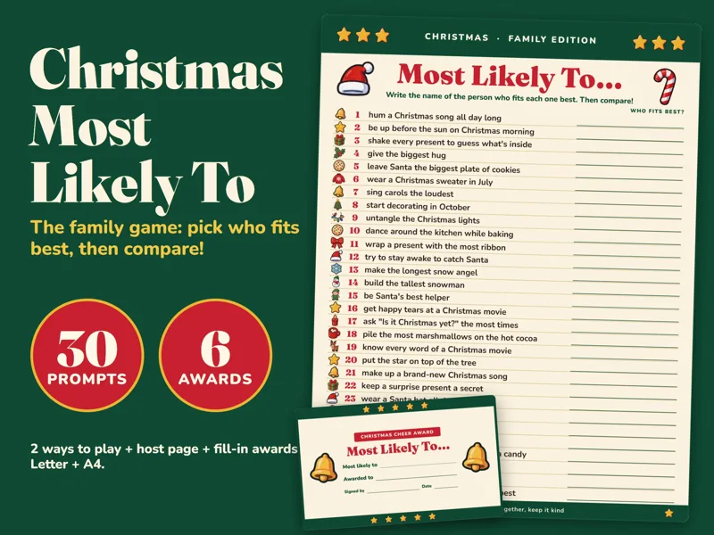 Christmas Most Likely To Game for Kids, Printable Family Party Game: listing photo showing real pages from the download